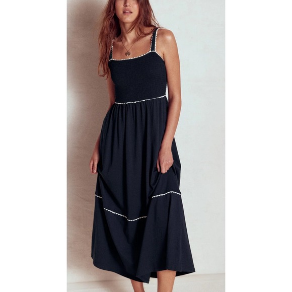 Boden Dresses & Skirts - Boden Navy Smocked Trim‎ Maxi  Dress Tiered Ruffle Trim Empire Waist Size 16/18